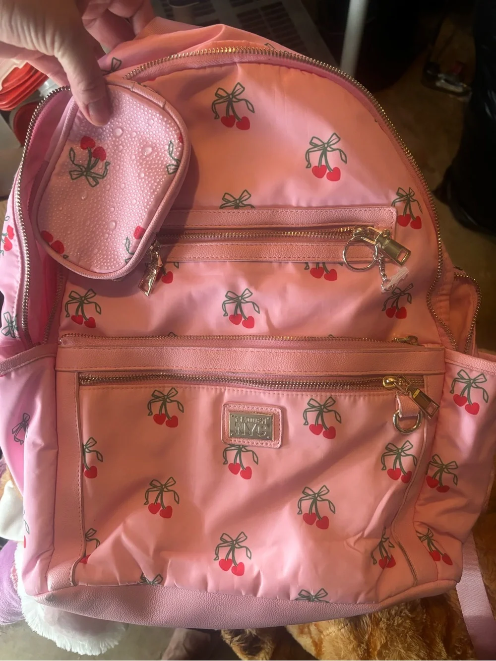 Kids Pink Cherry Print Backpack with Matching Coin Pouch